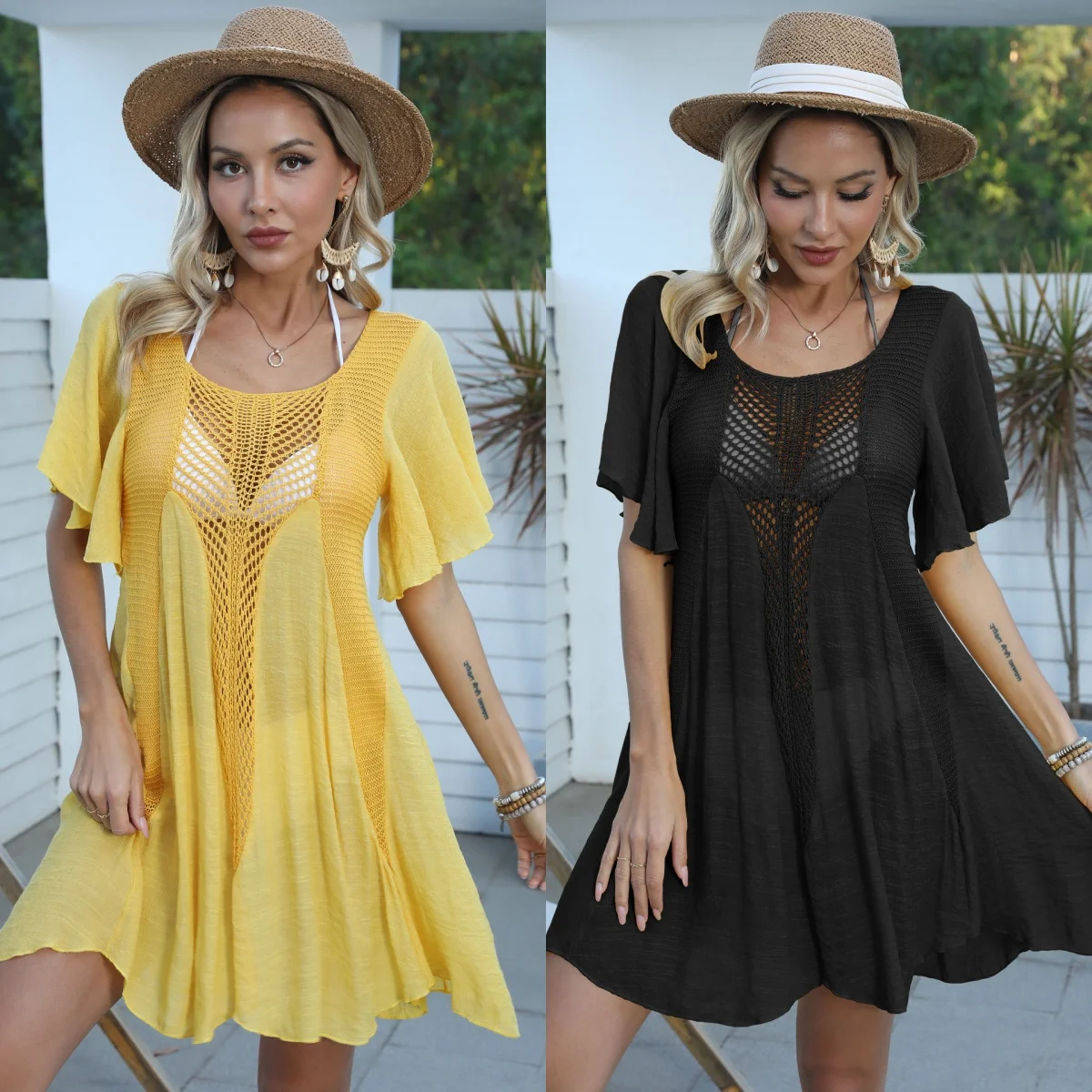 

Sexy Knitted Cutout Beach Cover Up Midi Dress Women's Solid Sheer Mesh Tunic Women's Clothing 2024 Summer Dresses