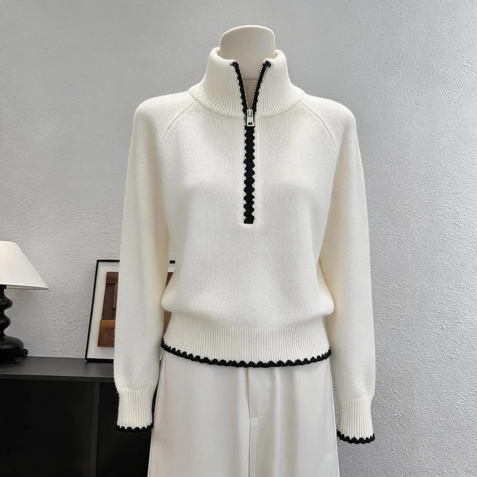 High-grade chic half zipper contrast pullover sweater female lazy commuter Joker long-sleeved sweater