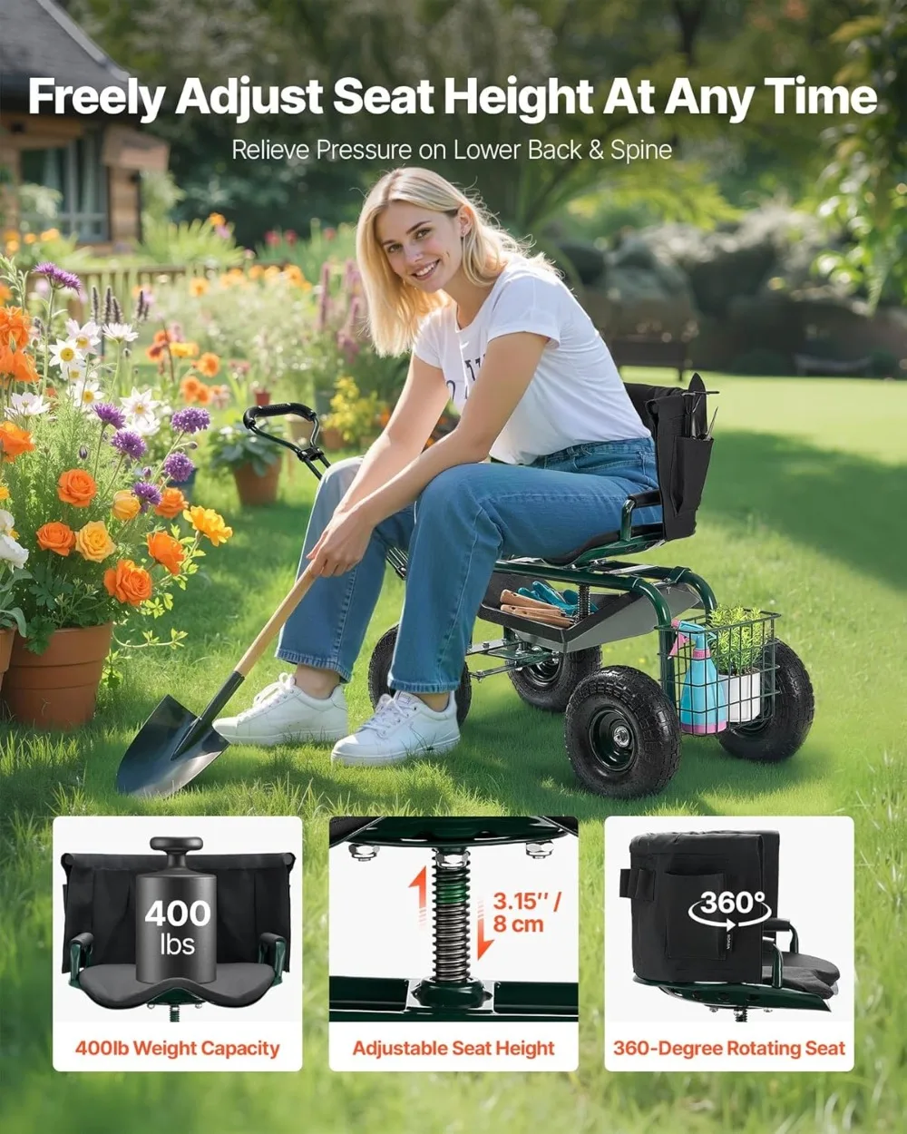 

Adjustable Rolling Garden Seat with 360° Swivel, Heavy-Duty 400lbs Capacity, Tool Storage & All-Terrain Wheels for Yard Work