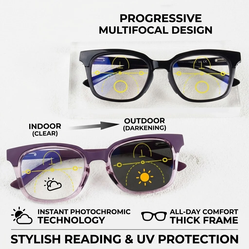 Klassische Progressive Multifokale Photochrome Lesebrille für Damen und Herren, Ultraleichter Rahmen, Luxus-Designermarke, Klare Gläser für den Täglichen Gebrauch