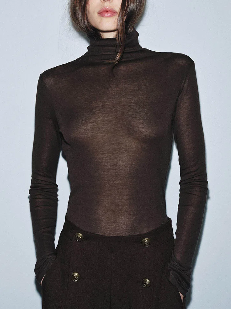 

Faionable Long Sve с высоким воротником, приталенная милая футболка, Новое поступление зимы 2025 года, универсальная женская одежда Ele