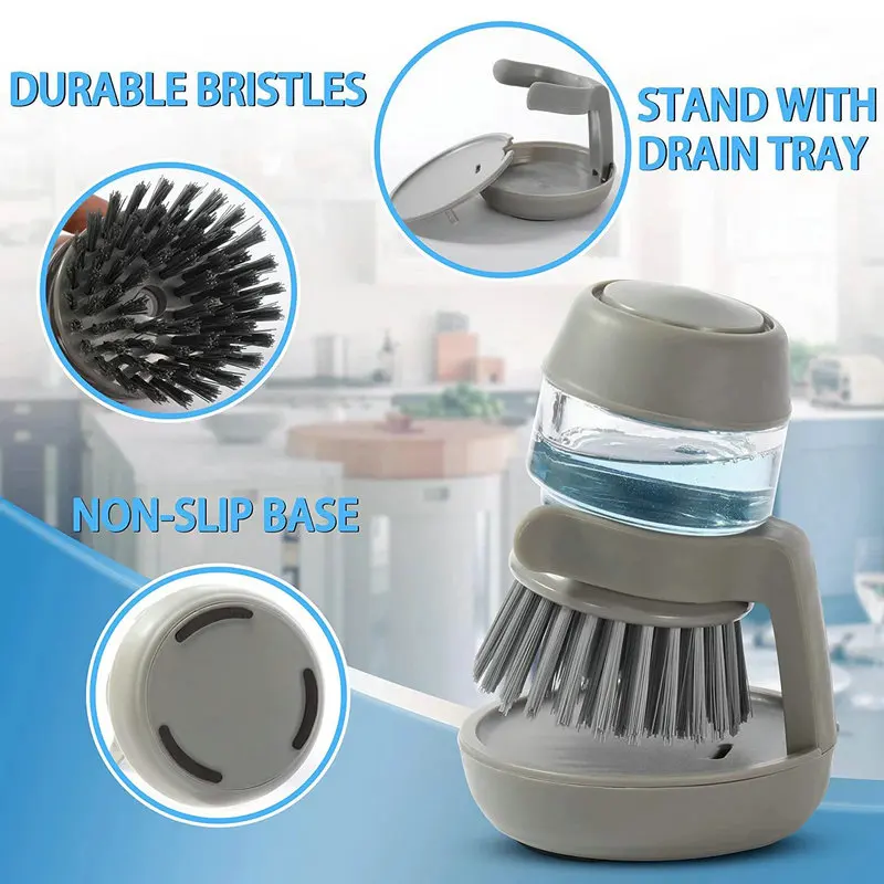 Dish Brush With Soap Dispenser Palm Brush Dish washing Kitchen Scrub Brushes With Holder Drip Tray