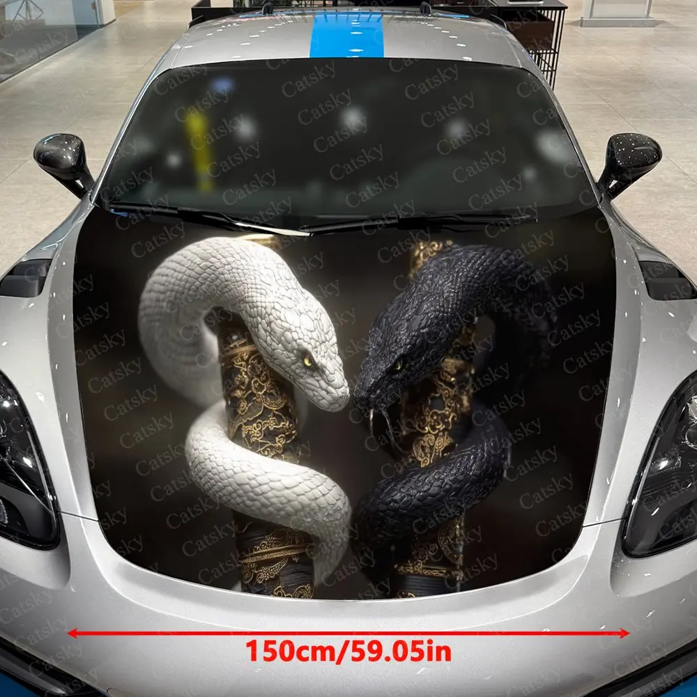 Dark & White Snakes Coiled Sword Car Vinyl Wrap, PVC Waterproof Car Hood Sticker, Self-Adhesive Scratch-Resistant Stickers