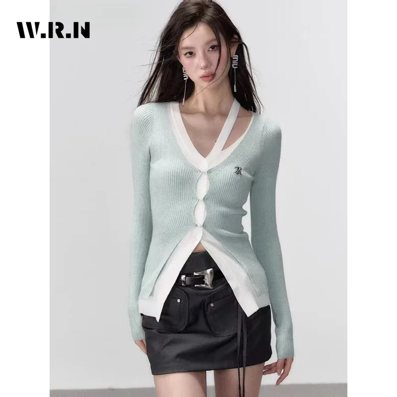 2023 Autumn Winter Hotsweet Slim Patchwork Knitting Long Sleeve Cardigans Women Casual Hollow Out Single Breasted Sexy Sweater