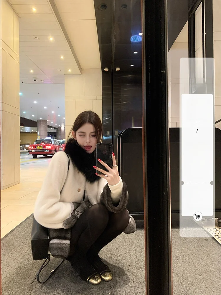 

OKMASHOP Thickened Fur Coat Women's Autumn Winter Warm Color Block Outerwear Elegant Style Long Sleeve Straight Hemline