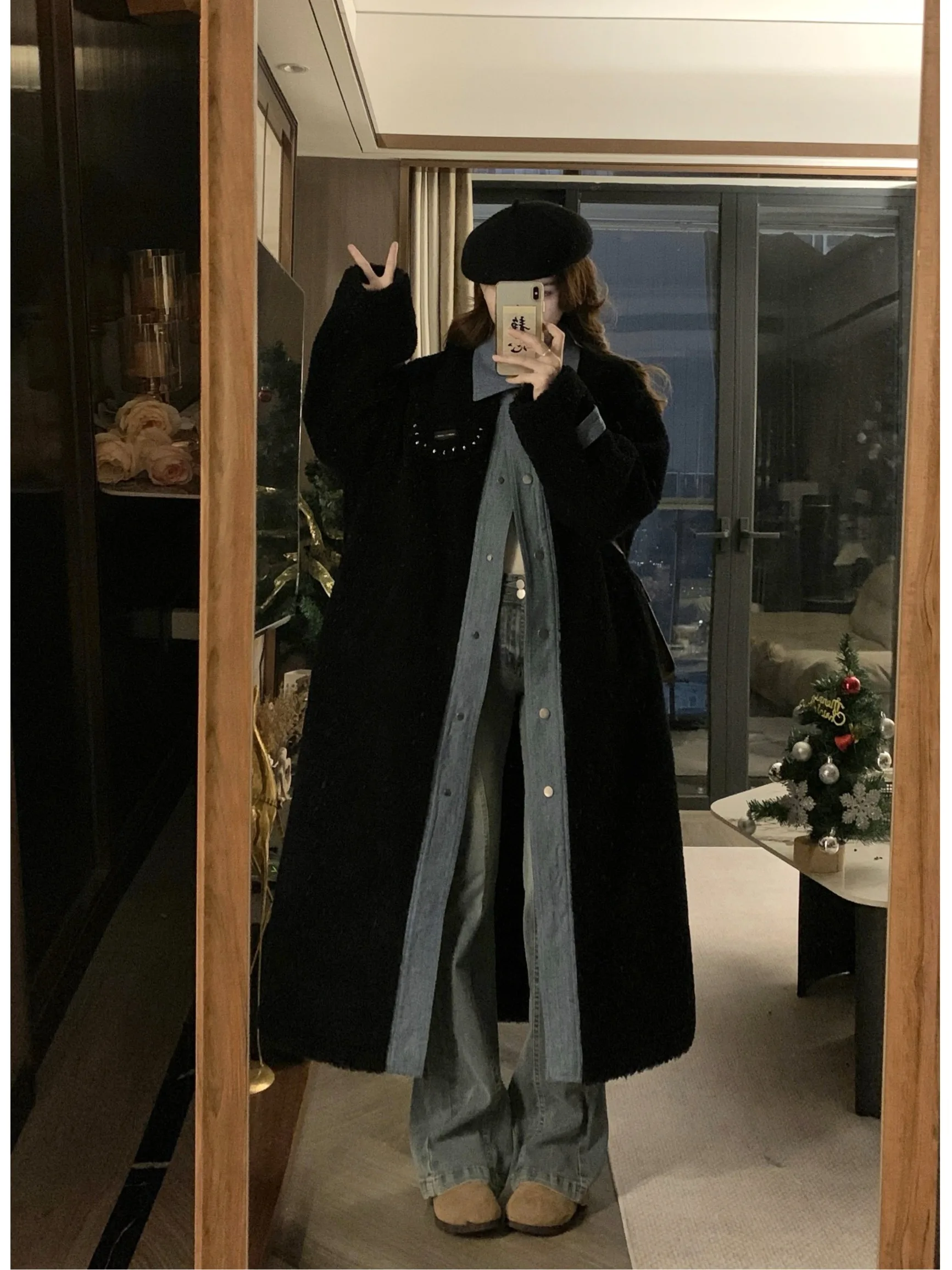 

plus Size Fat MM Denim Patchwork Lamb Fur Jacket Winter Loose Slimming Mid-Length Coat Korean Style Long Sleeve Shirt Collar