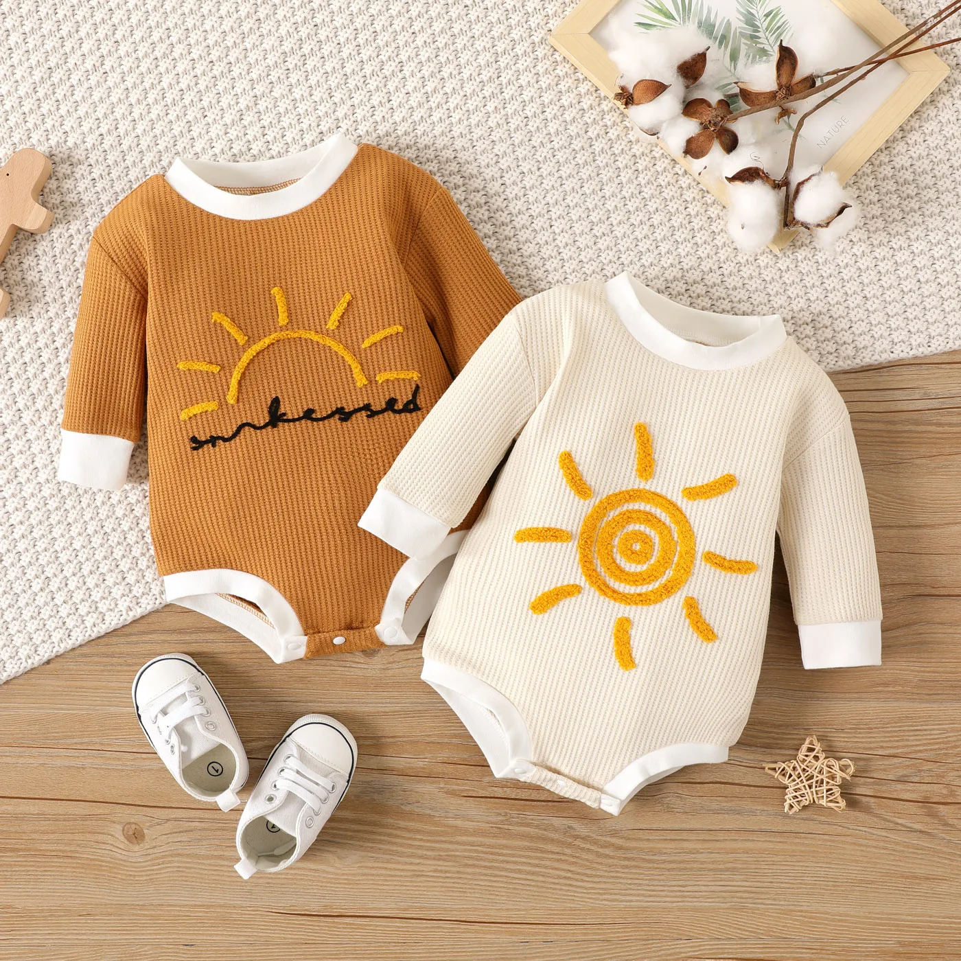 PatPat 100% Cotton Newborn Baby Girl Clothes New Born Boy Overalls Jumpsuits Sun Embroidered Long-sleeve Waffle Romper