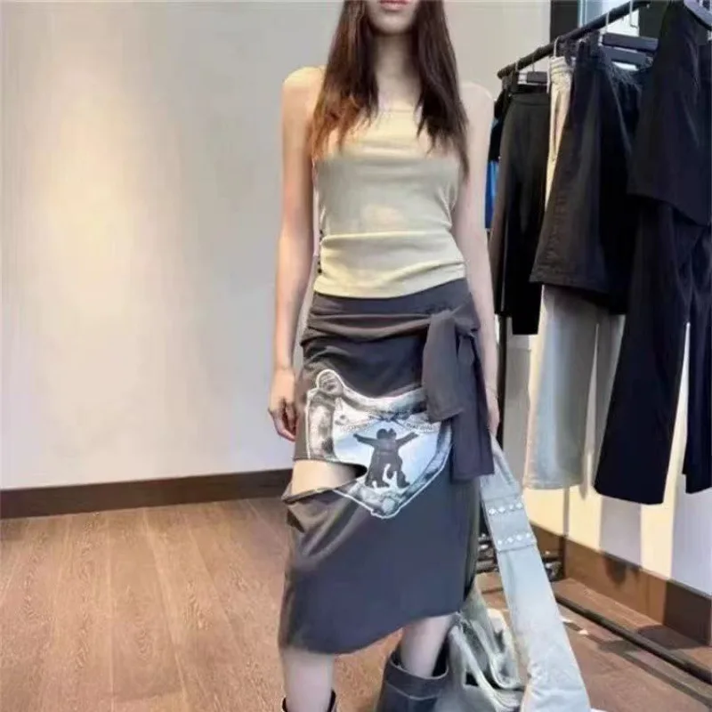 OPEN YY Half Skirt 2025 Fashion Summer Love Print Cut Flutter Belt Knot Slim Midi Skirt Half Skirt