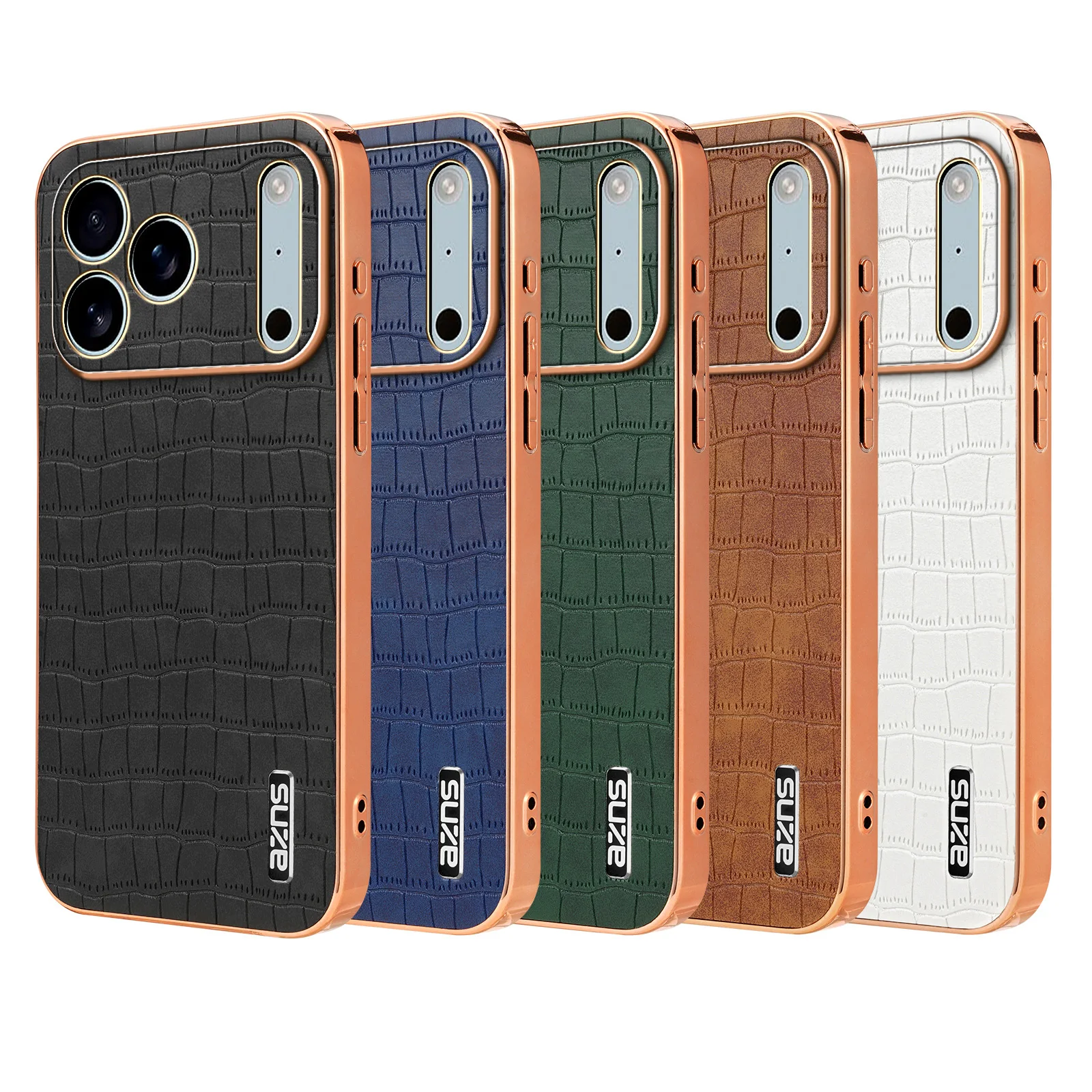 Retro Crocodile Pattern PU Leather Case For iPhone 17 Air 16 16e 15 14 13 12 11 Pro Max 16 Plus Plating Gold PC Frame Cover