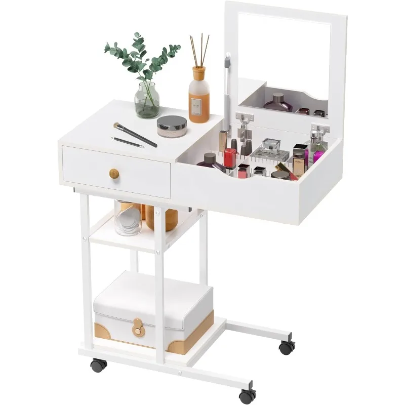 Moveable Vanity Desk with Mirror for Small Spaces, Makeup Dressing Table Computer Desk with Drawers and Shelves for Bedroom