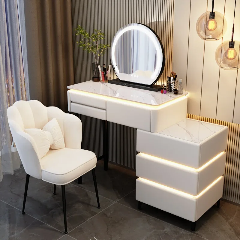 Light Luxury Rock Slab Solid Wood Vanity Table, 3Touch LED Ambient Light, Expandable Large Storage Bedroom Makeup Dressing Table