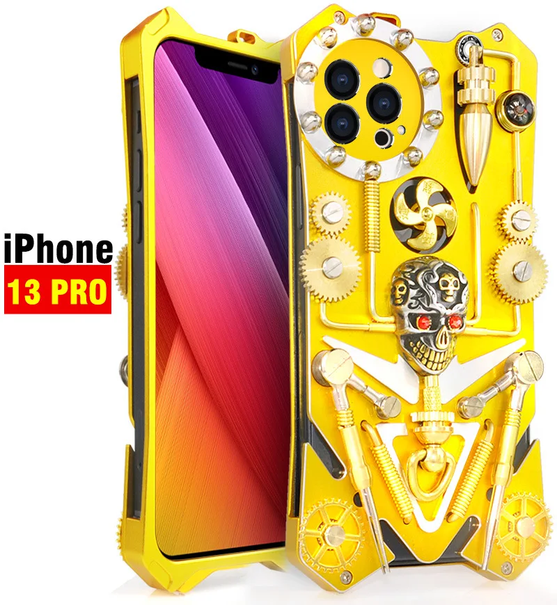 Hot Metal Steel Machinery Armor Aluminum For Iphone 15 14 13 12 11 Pro Max 15Promax 14Pro Purely Handmade Skull Shell CASE Cover