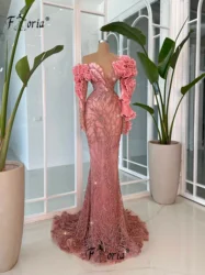 Gorgeous Pink Beaded Mermaid Evening Dress Large Floral Ruffles Off the Shoulder Long Sleeves Formal Occasion Dresses Weddings