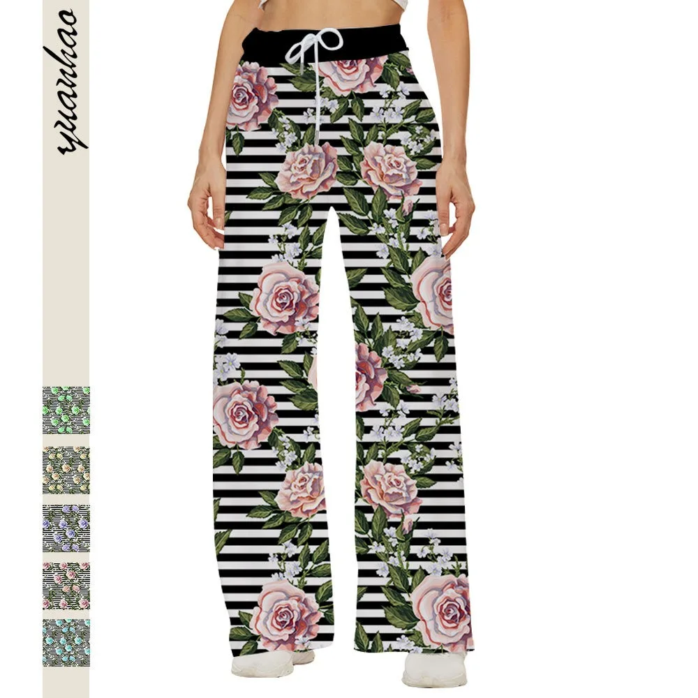 

Retro Floral Printed Exercise Women Summer Casual Stripe Straight Harajuku Y2k Trousers Trendy Girl Fashion Loose Pantalon