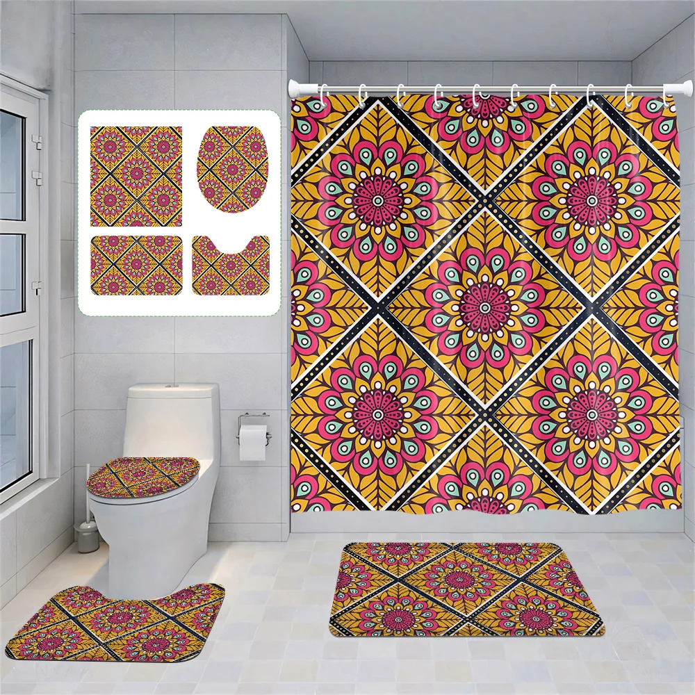 Bohemian-Style 4-Piece Bathroom Set: Shower Curtain, Toilet Cover &  with Vivid Mandala Patterns, Stylish&Exotic Bathroom Decor