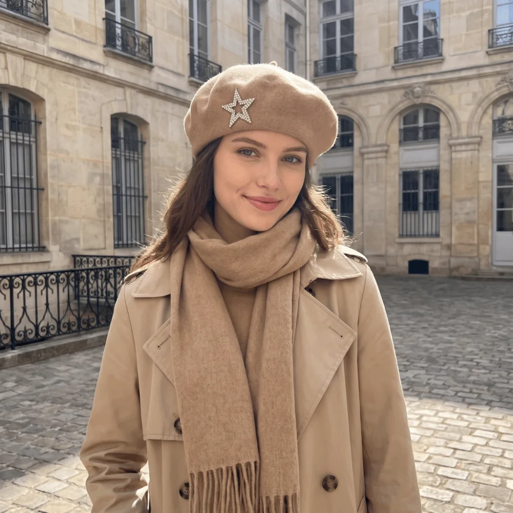 Artist Hat Five-Pointed Star Wool Beret Soft Solid Color Knitted Painter Hat Warm Rhinestone Decor Beanie Cap Winter