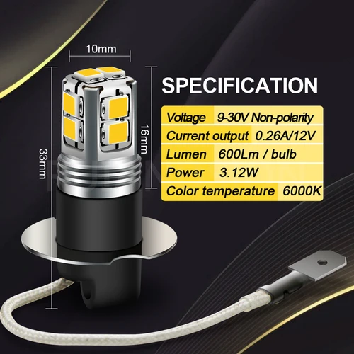Imagen 2 del producto Bombilla de lámpara de conducción antiniebla para motocicleta y camión, luz LED H3 2835 10SMD, 9-30V, 6-40V, color blanco superbrillante, estilo de coche