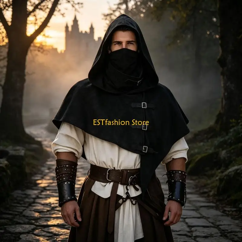 Y5GC Front Strap Costume Cloak with Medieval Styling, Dramatic Cowl and Theme Party Wear Appeal for Night Looks