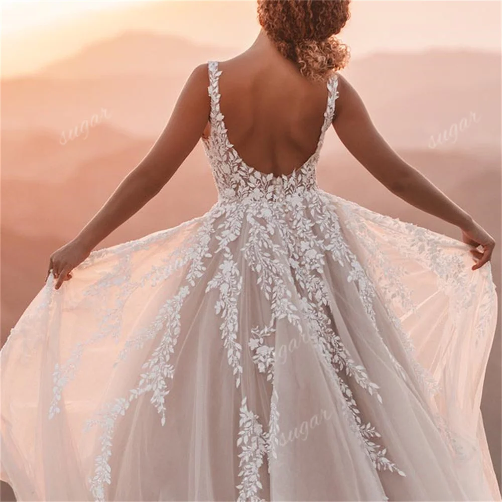 A Line Tulle Wedding Dress for Women Lace Applique Bridal Gown Sexy V Neck Sleeveless Formal Party Dresses robe de mariée