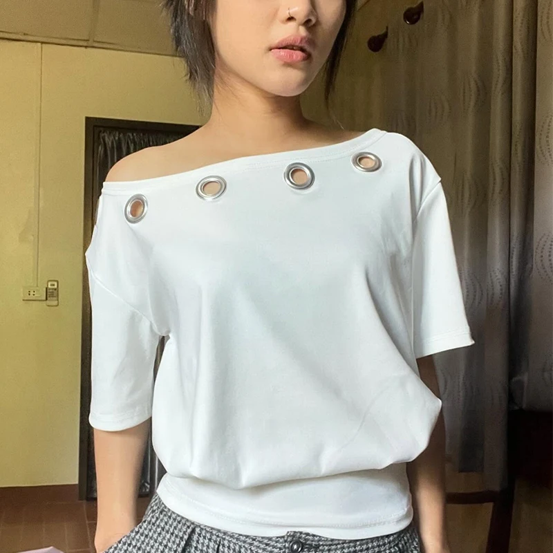 

Millennium Retro Slim T-shirt Short Sleeve round Neck Top Perforated Slim Fit Street Fashion Wear Y2k Style