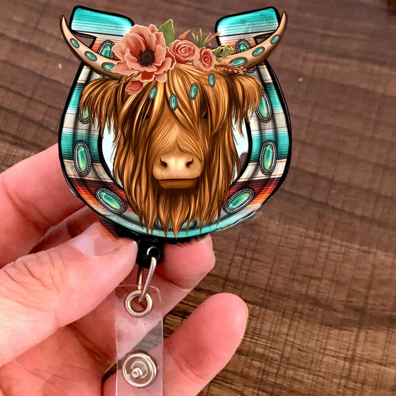 Highland_Cow_Serape_Floral_Headband_Horseshoe Badge Reel Retractable ID Badge Reel - Doctor / Nurse / Teacher Badge Reel Clips