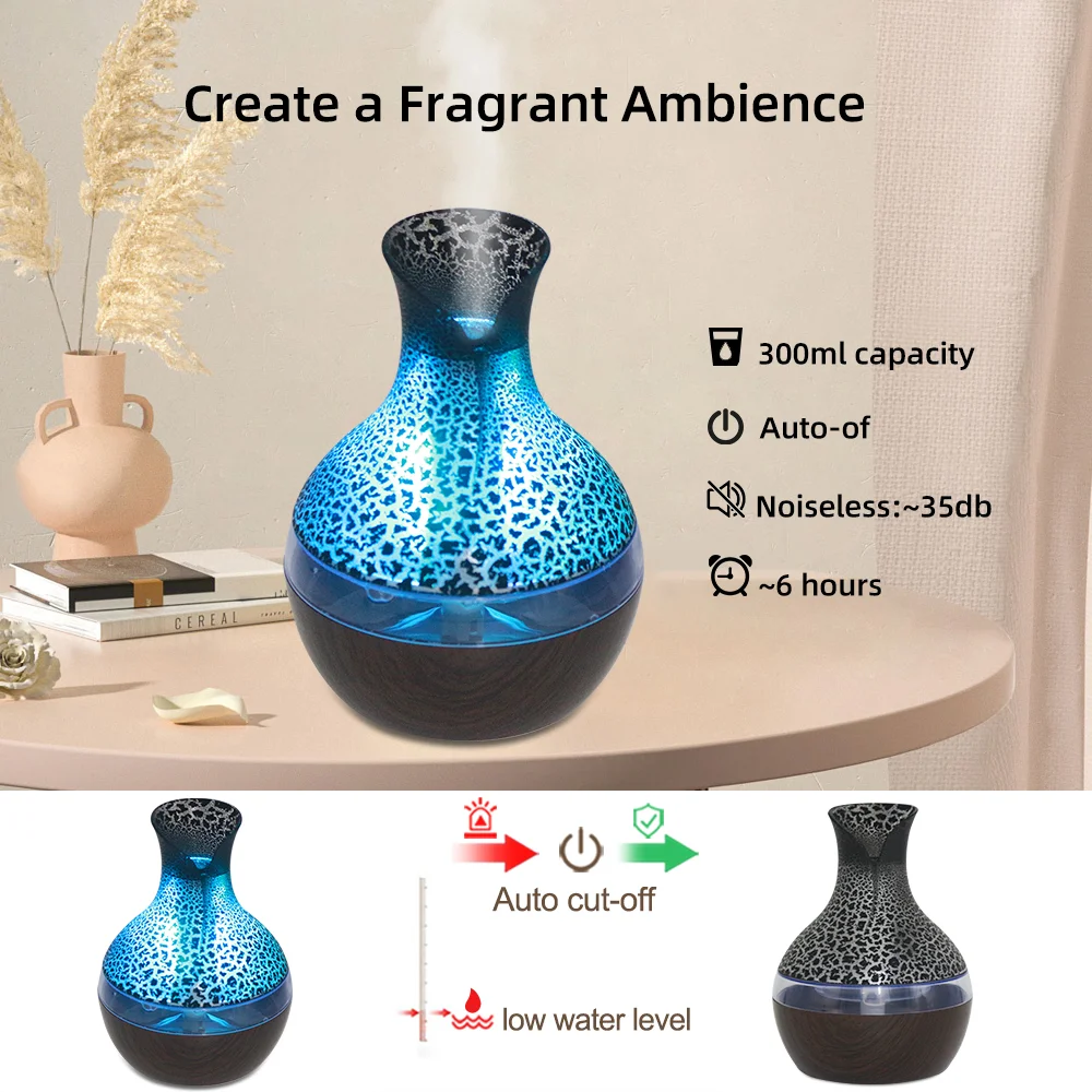 300ml Aromatherapy Essential Oil Diffuser with Remote Control & 2 Oils, 7 Color Changing LED Lights Cool Mist Humidifier for Spa