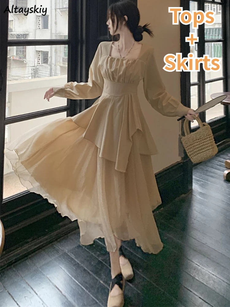 

Mesh Long Skirts Sets Women Vintage Elegant Square Collar Temper Long Sleeve Tops Stylish Feminine Holiday Streetwear Two Pieces