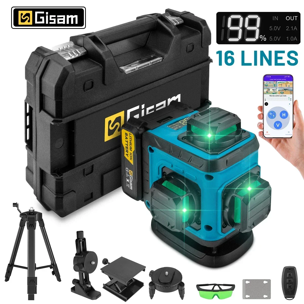 

Gisam 16 Lines 4D Laser Level Self-Leveling 360 Horizontal & Vertical Cross Super Powerful Green Laser Level With Tripod