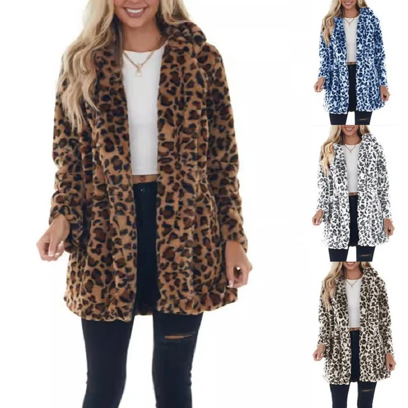 

Autumn Winter Women Leopard Print Long Sleeve Coats Fashionable Faux Fur Pocket Loose Fur Streetwear Warm Casual Out Wear