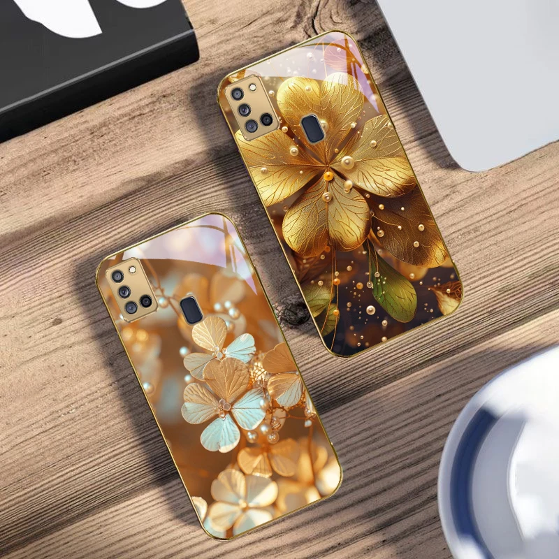 Funda de teléfono de cristal dorado con trébol de cuatro hojas para Samsung A31, A32, A33, A34, A35, A14, A15, A13, A16, A25, A26, A50, A52, A53, A54, A55, A56, A70, A71, A72, A73
