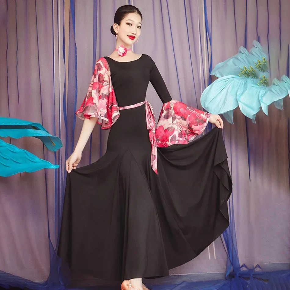 

Women Ballroom Dance Samba Rumba Stage Performance Dancewear Modern Floral Lotus Sleeve Patchwork Female Latin Dance Dress