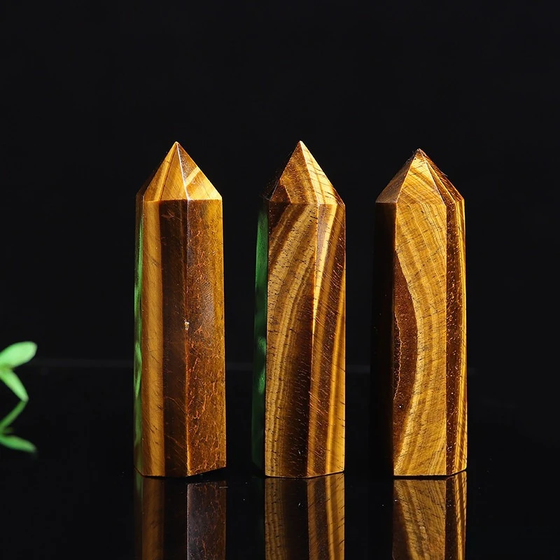 Natural Crystal Hexagonal Prism, Single Pointed Crystal Column, Rough Tiger's Eye Stone Polished