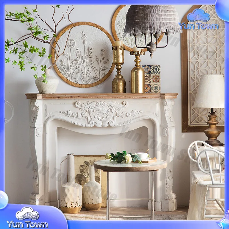 French Embossed Solid Wood Fireplace Mantel for Living Room Wall Mounted Vintage Rustic American Style Distressed Fireplace