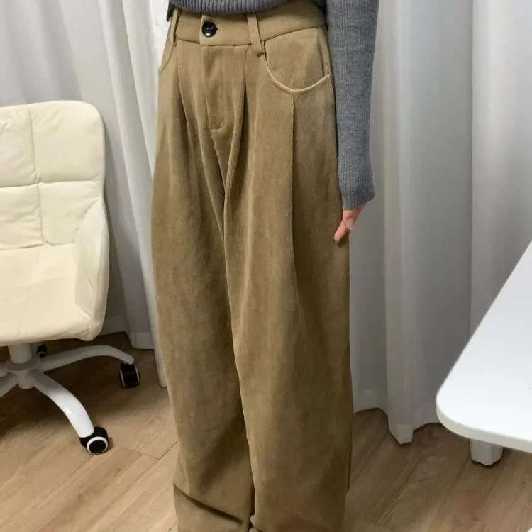 الكاكي بنطال ذو قصة أرجل واسعة المرأة الخريف الشتاء جديد الأمريكية عالية الخصر التخسيس الورك تغطي فضفاض سروال قصير غير رسمي