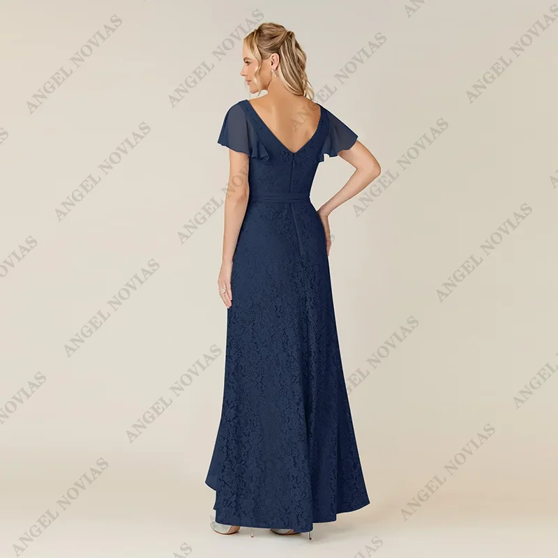 Customized Long High Low Navy Blue Lace Mother of the Bride Dresses Wedding Party Dress vestidos de fiestas elegantes mujer