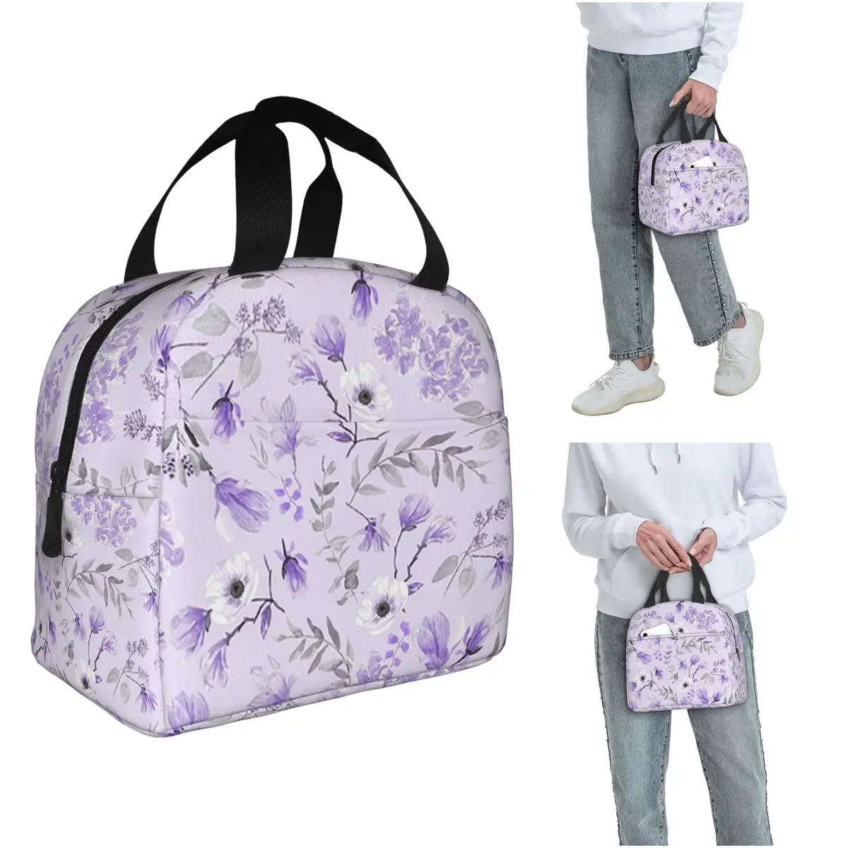 Hellviolette, isolierte Lunchtasche mit Blumenmuster für Damen und Kinder, tragbare Lebensmittelboxen, Thermo-Lunchbox-Tragetasche