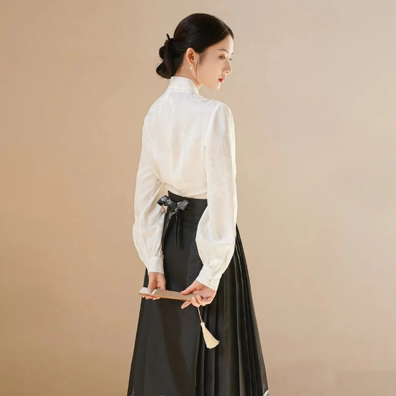 Women Autumn Chinese Style Elegant White Long Sleeve Shirts Women Clothes Solid Color All-match Temperament Skirt Two Piece Set