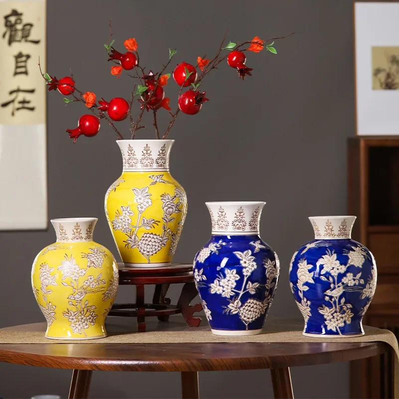 Creative Yellow Ceramic Vase Qinghua Porcelain Vintage Porcelain Vase Chinese Style Flower Vase Terrarium Room Decoration Access