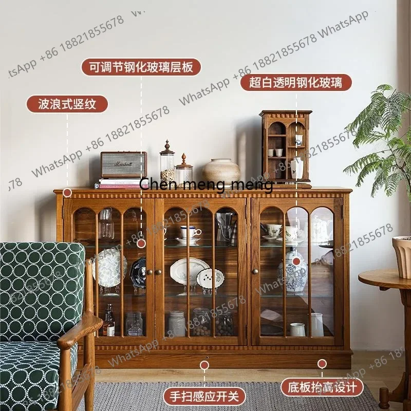 

Medieval side cabinet all solid wood glass wine cabinet teak tea set storage display cabinet