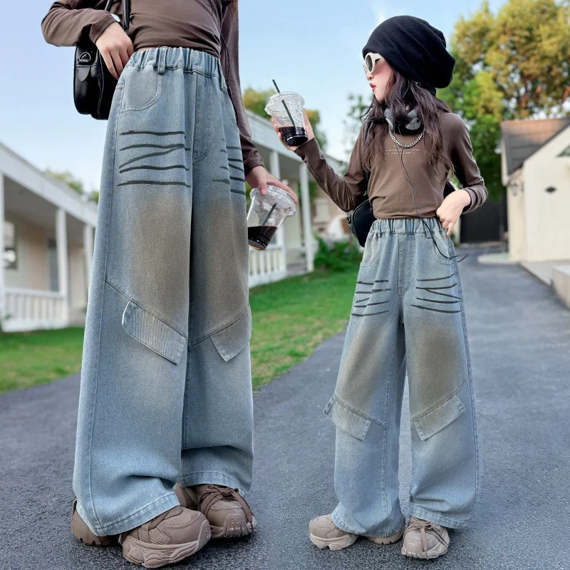 

Girls Double-pocket Jeans Spring Autumn New Teenage Girl Retro washed and painted Gradient Denim Pants Child Trendy Trousers