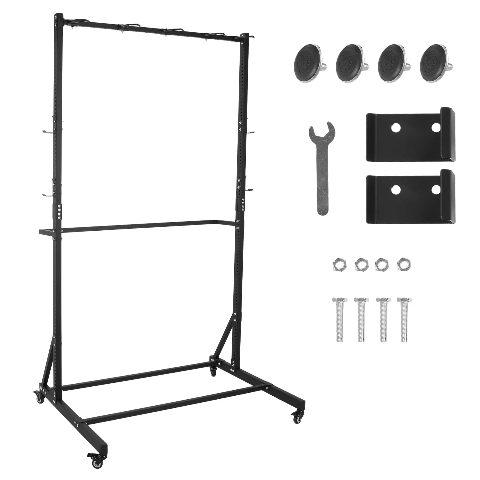 

Heavy Duty Bike Hanger with Locking Casters & 6 Hooks Holds Up To 5 Bikes Height Adjustable for Garage Basement & Home
