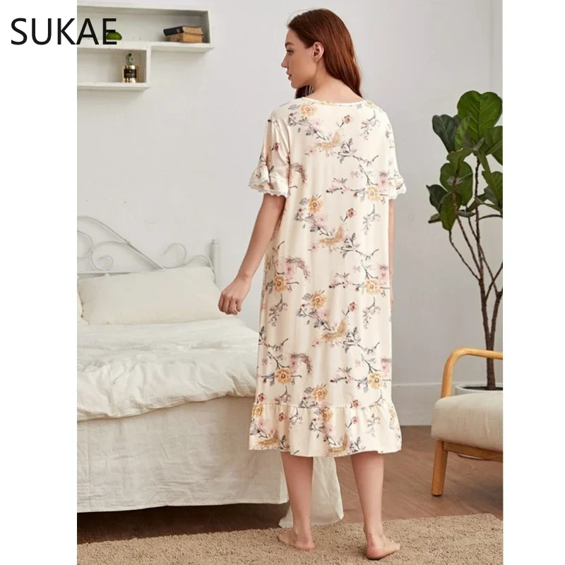 Floral Vintage Court Style Beige Flower Women Nightgown Summer Milk Silk Long Sleepshirt Homedress Elegant Dress Chic Nightdress