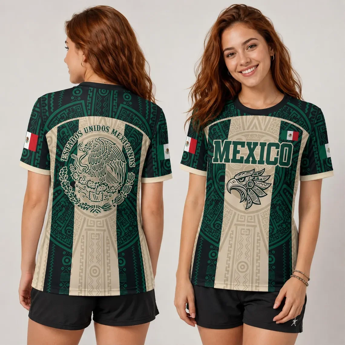 2026 New Women Quick Dry Breathable Mexico Aztec Eagle Soccer Jersey, Vintage Y2K Top for Vacation Beach Office Back To School