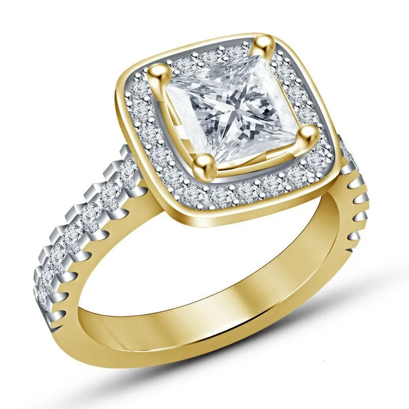 Fashion Princess Square Multiple Colors Zircon Gold Wedding Ring Jewelry Gift Size 6-10