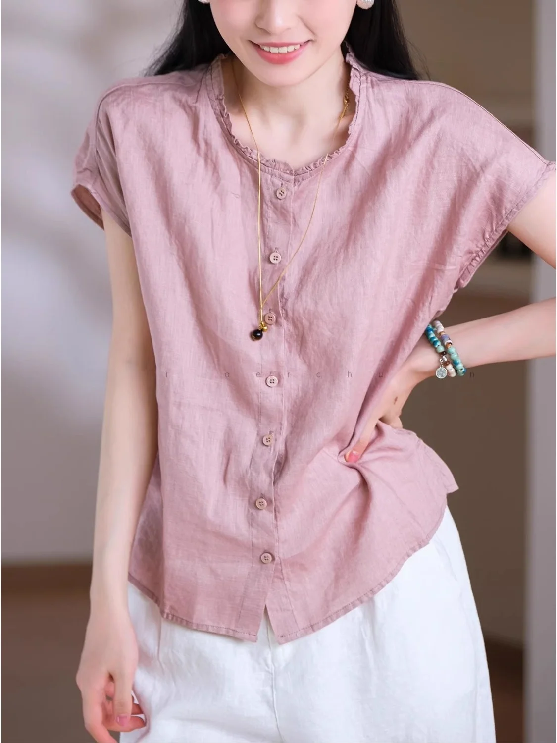 

Casual Wooden Collar Short Sleeve Shirt Women's Summer Simple Color Versatile Small Top Loose Fit Regular Length