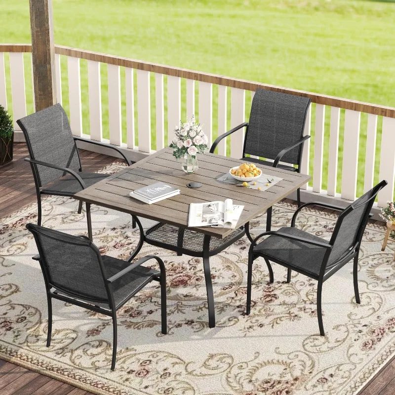 5 Pieces Patio Dining Set, Outdoor Furniture Set Includes 1 Square Patio Table and 4 Stackable Patio Sling Chairs, Outdoor Table