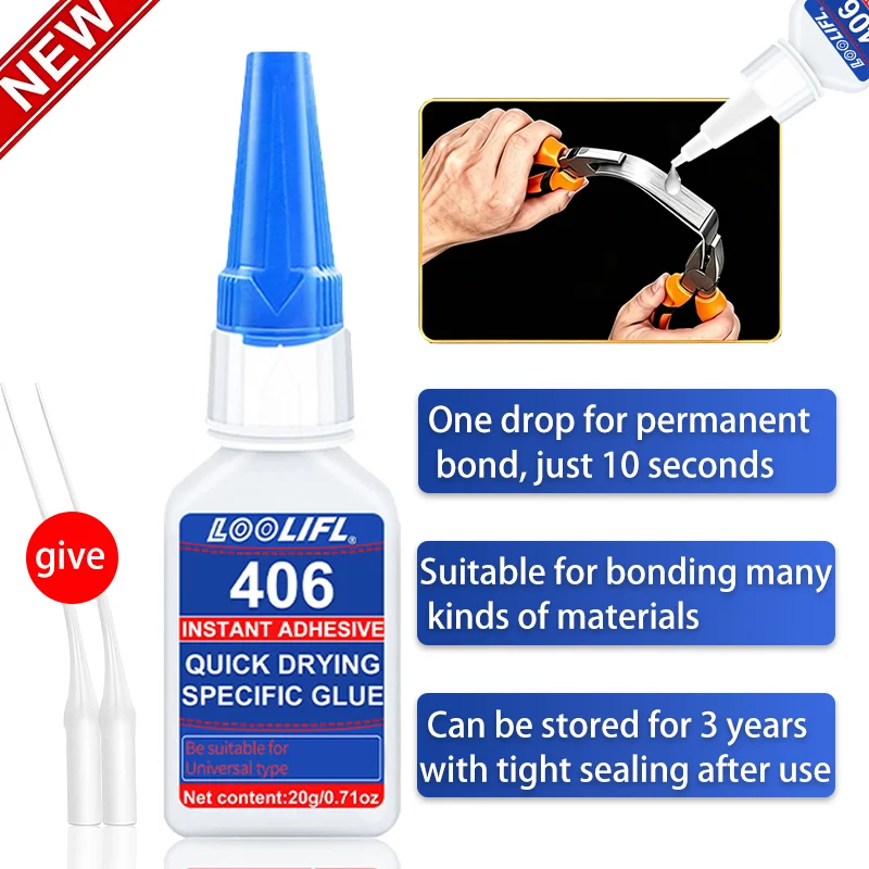Lo0Lifl406 Instant Adhesive 20g Universal Strong Glue, 10-Second Fast-Drying High-Strength Cyanoacrylate Repair Glue, Permanent Bonding with Just One Drop, Stronger Than Welding, Suitable for Various Materials Such as Plastic, Metal, Rubber, Ceramics, Wood, Leather, Ideal for Model Making, Diy, and Home Repairs