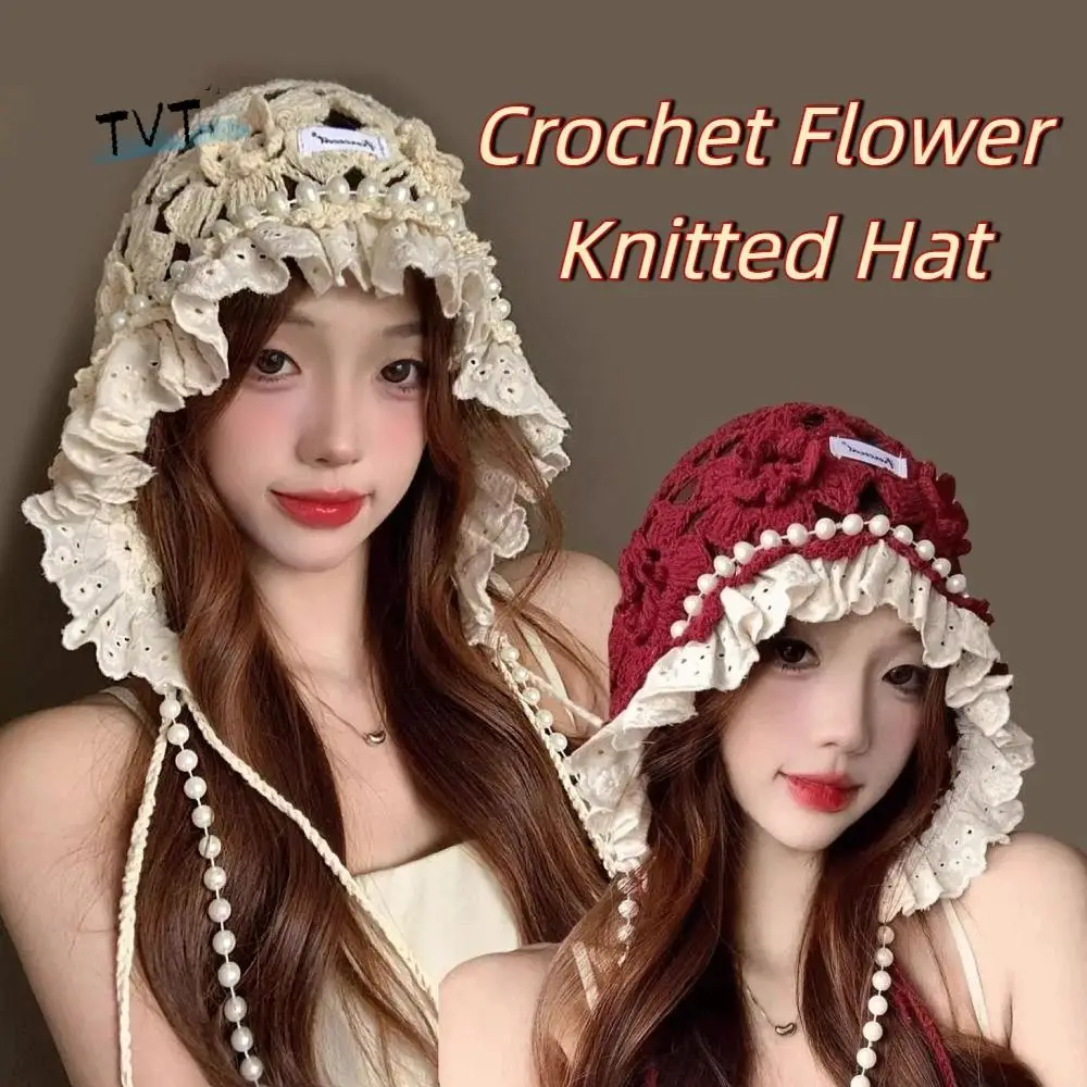 

Vintage Pearl Tassels Crochet Flower Knitted Hat Bohemian Style Hollow Out Lace Beanies Thin Korean Ethnic Style Hat Girls