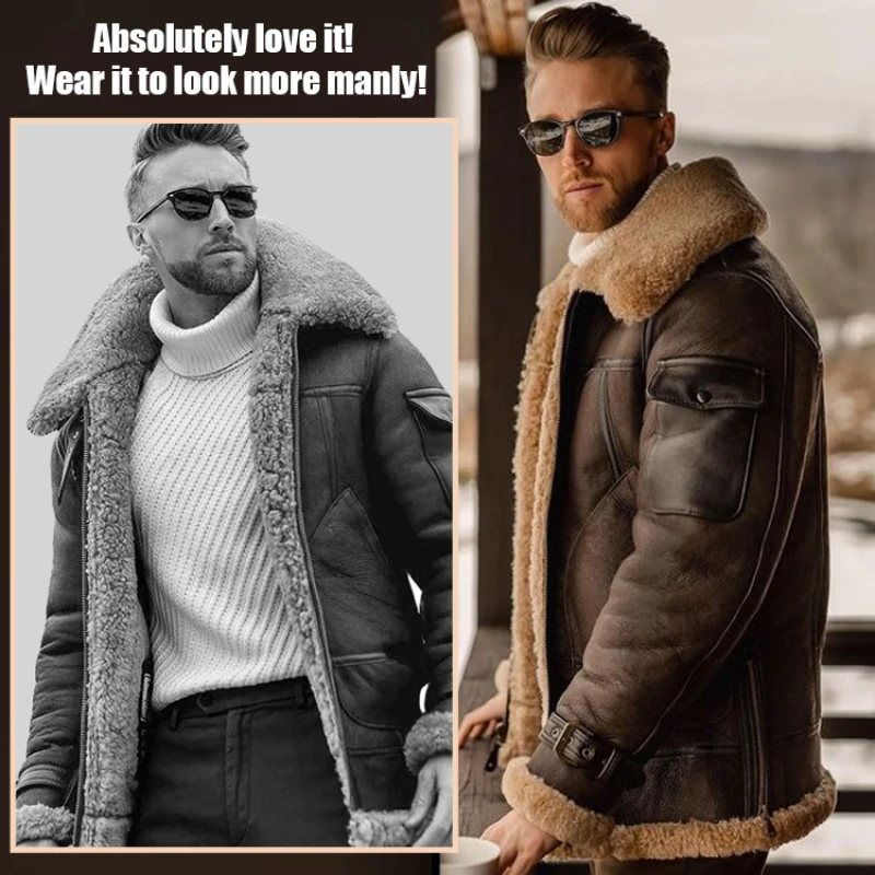 

Men's Fashion Casual coat autumn winter Warm Faux fur allinone jacket Large Lapel midlength thickened imitation leather jacket