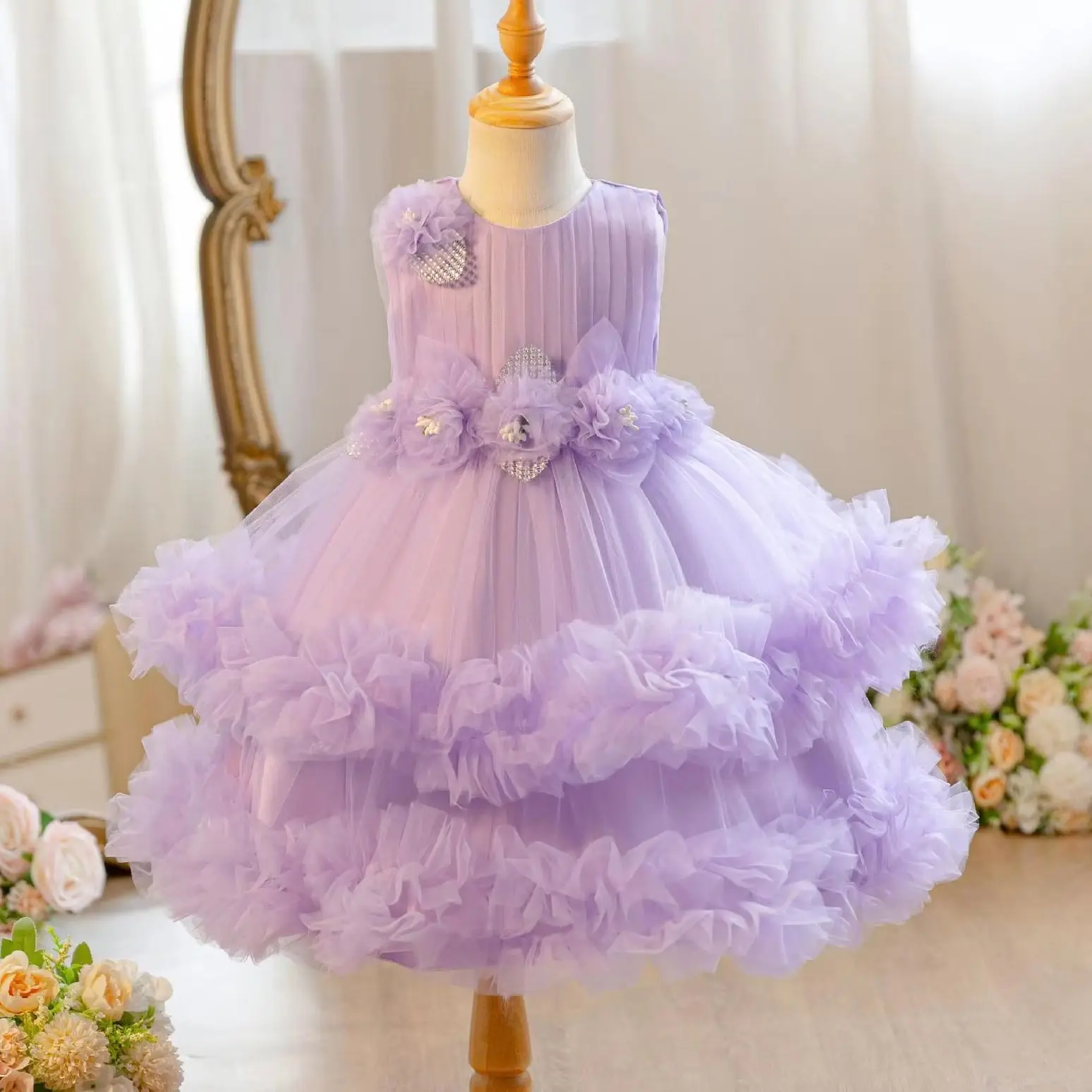 2026 Flower Girl Party Dress Girls' Princes Dresses Tulle Tutu Ball Gown Kid White Clothes